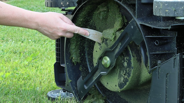 scraping off mower blades