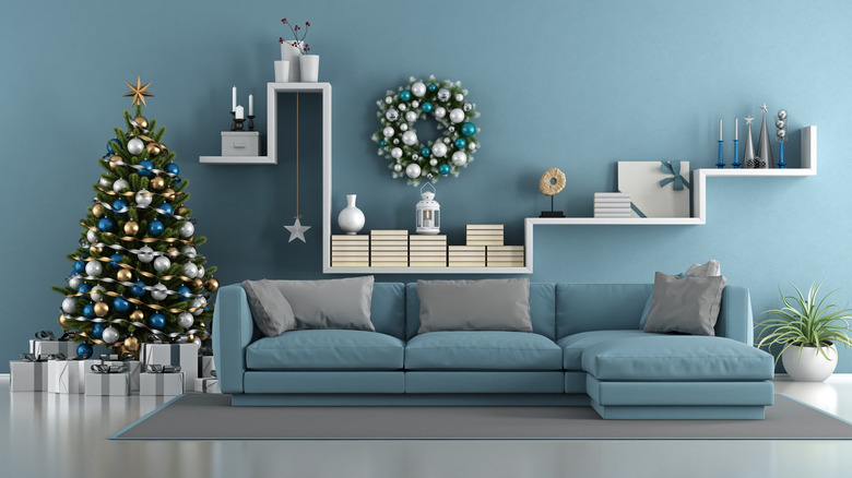 Blue room with Christmas decorations