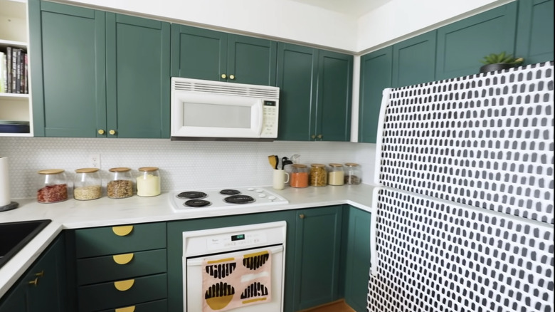 black and white patterned fridge