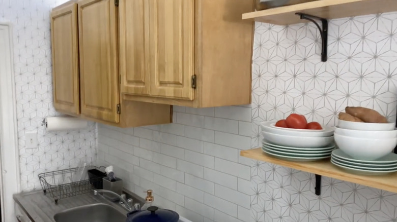 kitchen with geometric wallpaper