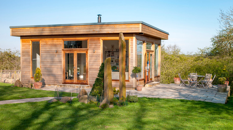 wooden siding on backyard office