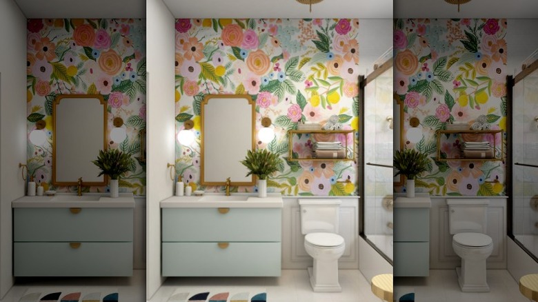 Floral wallpaper bathroom vanity