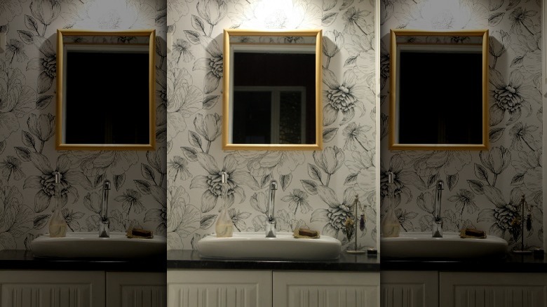 Monochrome floral wallpaper bathroom vanity