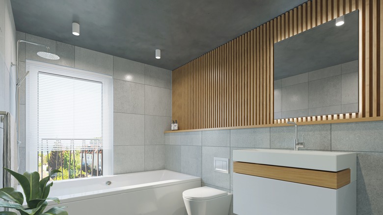 Wood half wall bathroom