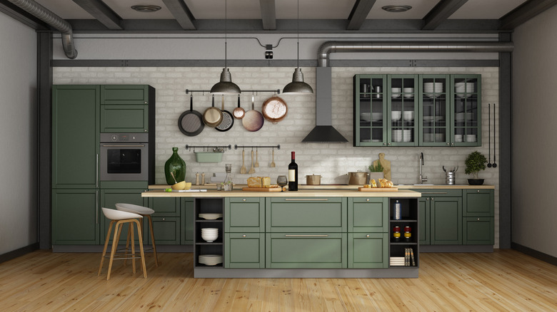 Industrial kitchen dark olive cabinets