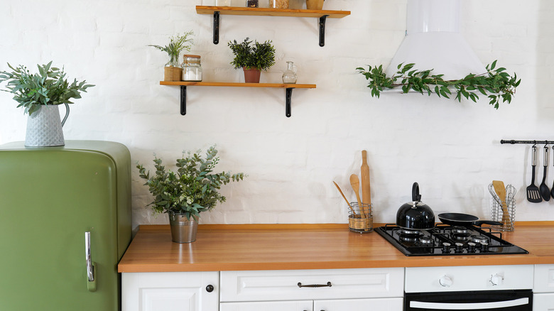 White kitchen green fridge 