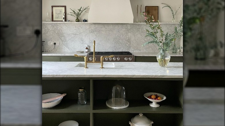 Green open shelving in kitchen