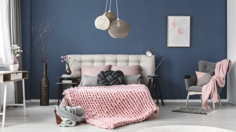 Denim blue room with pink decor