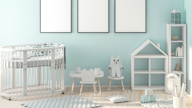 white decor in pale blue nursery