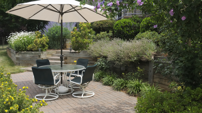 round table on brick patio