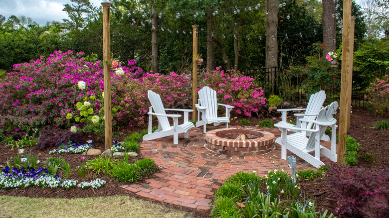 brick patio in flower garden