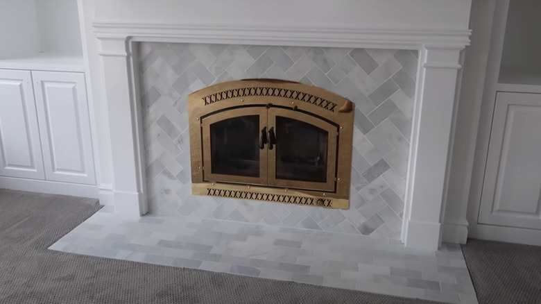 gray tile fireplace