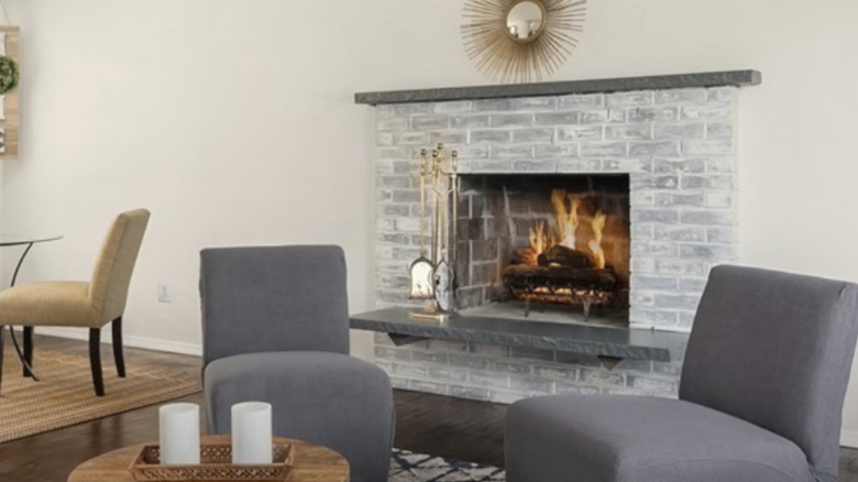 brick fireplace in living room 