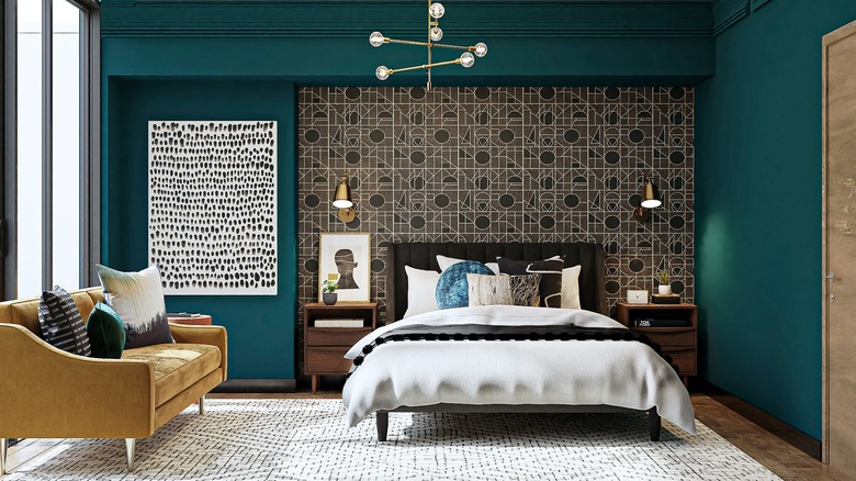 wallpapered bedroom 