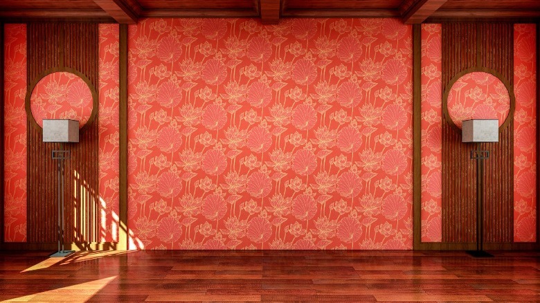 bold, red wallpapered wall