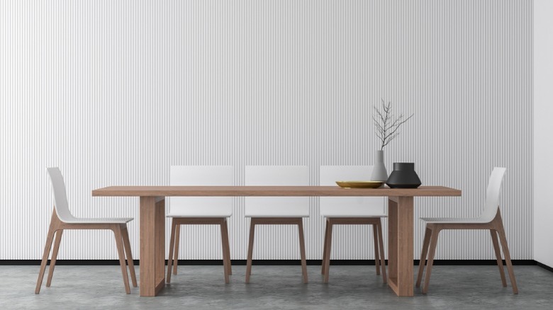 white stripe wallpaper in dining room