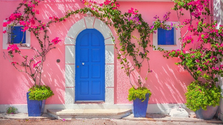 Pink house with blue accents