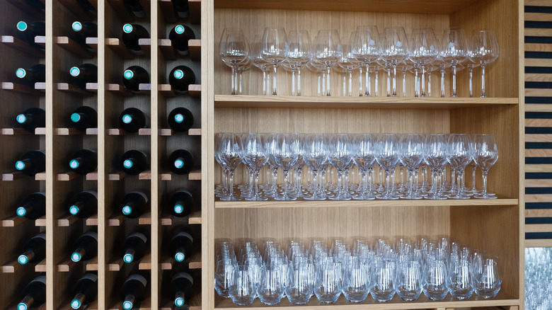 Wall of wine and glassware