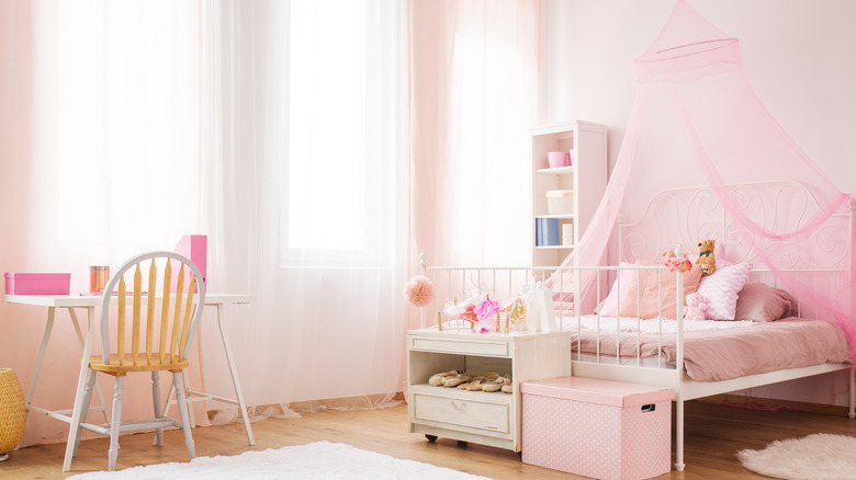 Pink children's room canopy bed