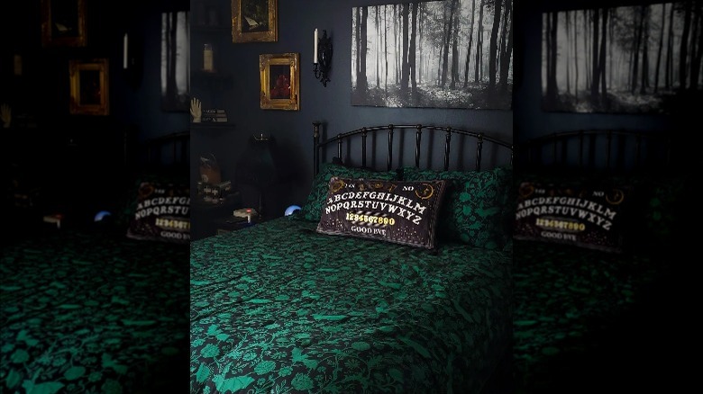 Goth bedroom green bedspread 