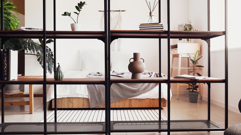 a bookshelf in the bedroom 