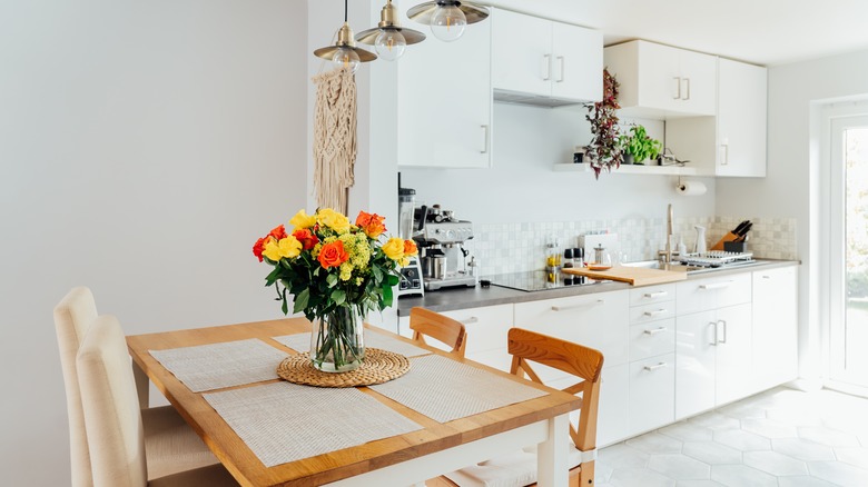 tan woven tapestry in kitchen