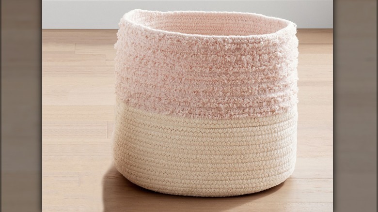 Pink shaggy storage bin