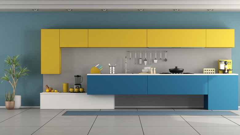 yellow and blue kitchen cupboards