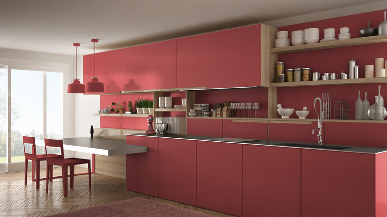 pale red kitchen cabinets