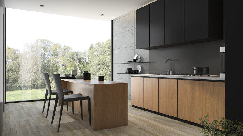 black and wood kitchen cabinets