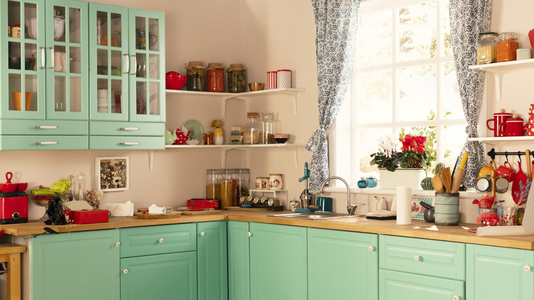 Mint green and pink kitchen