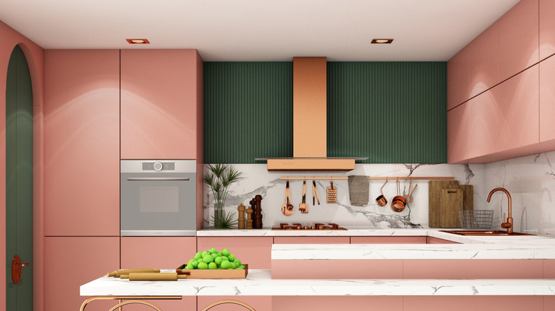 coral pink and green kitchen