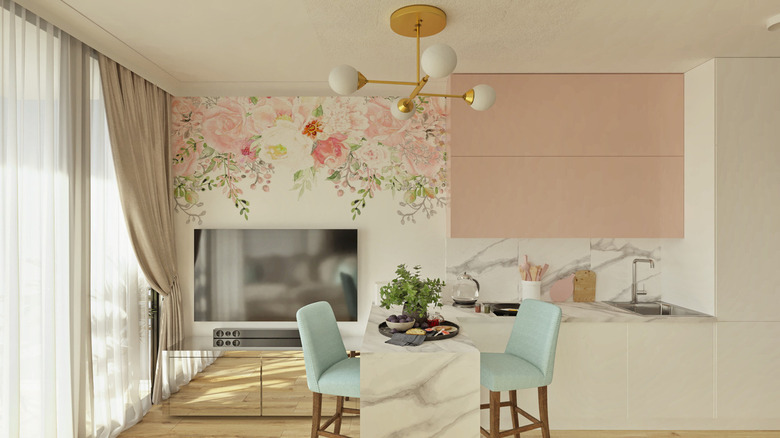 Kitchen with pink floral backdrop