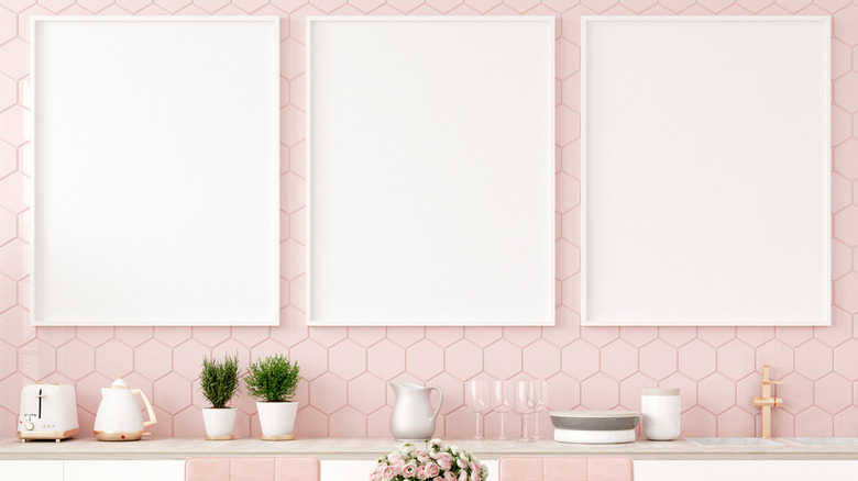 Pink tile wallpaper with frames