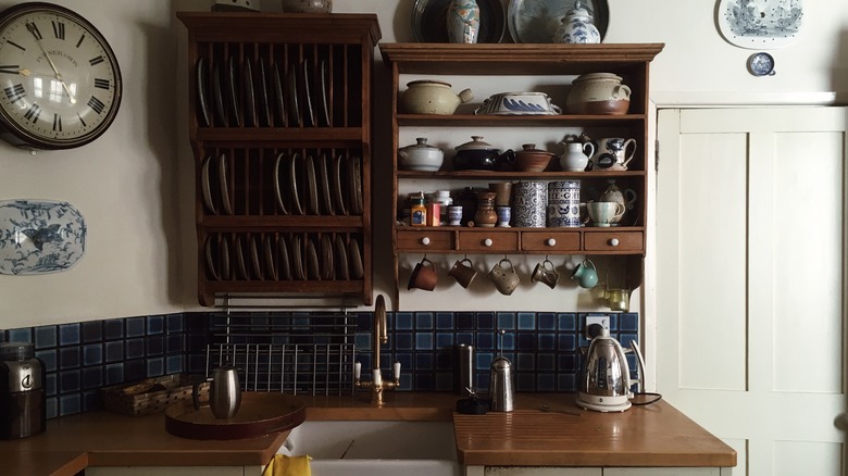 kitchen shelves with utensils