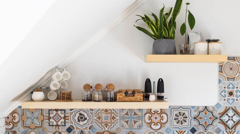 kitchen with wooden shelves