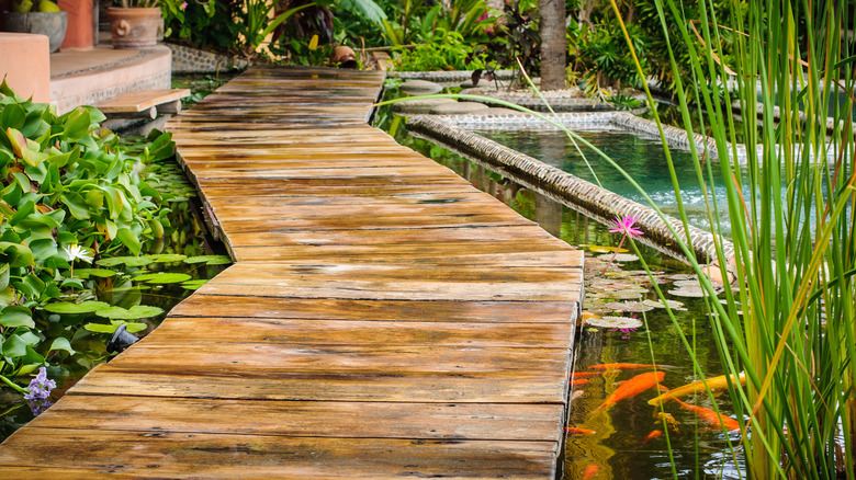 koi pond with a boardwalk