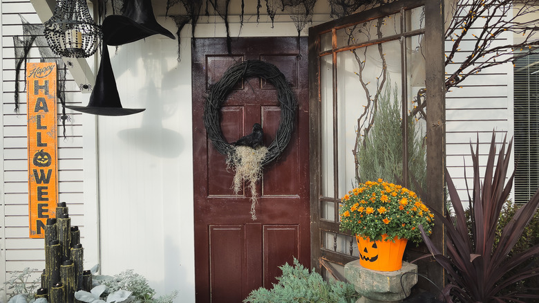 front door with halloween decorations