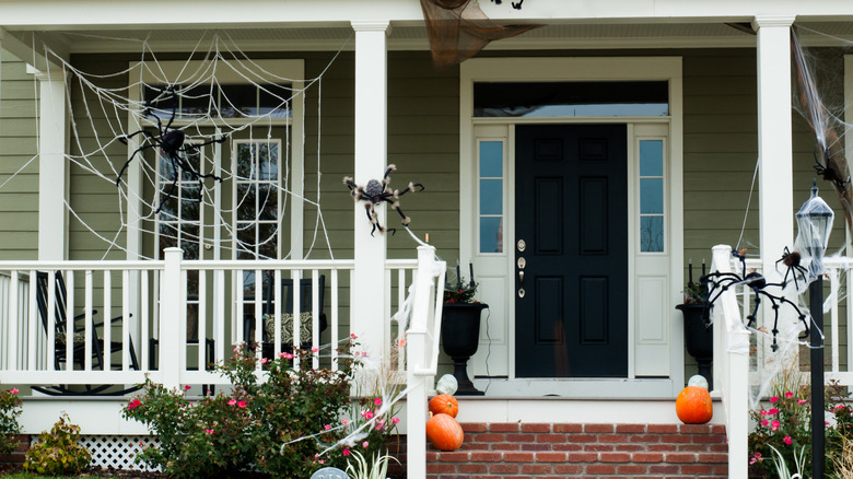 front porch decorated for Halloween