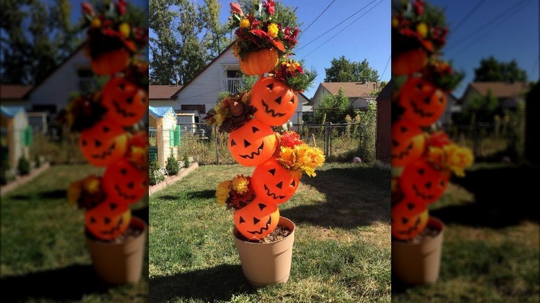 Pumpkin buckets form a tower