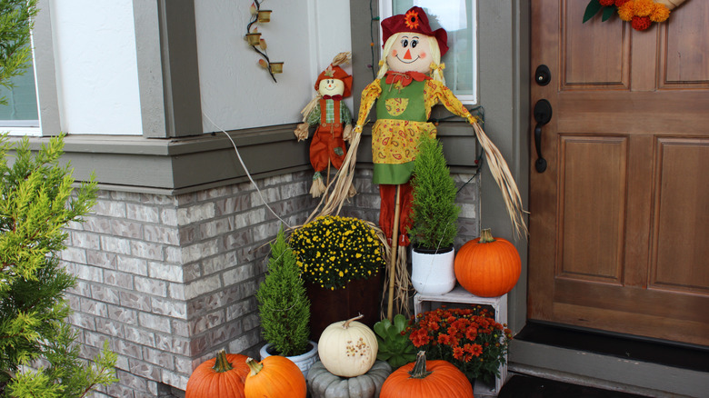 pumpkins scarecrow and flowers