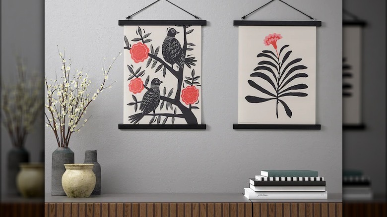 Black, white, red wall hangings