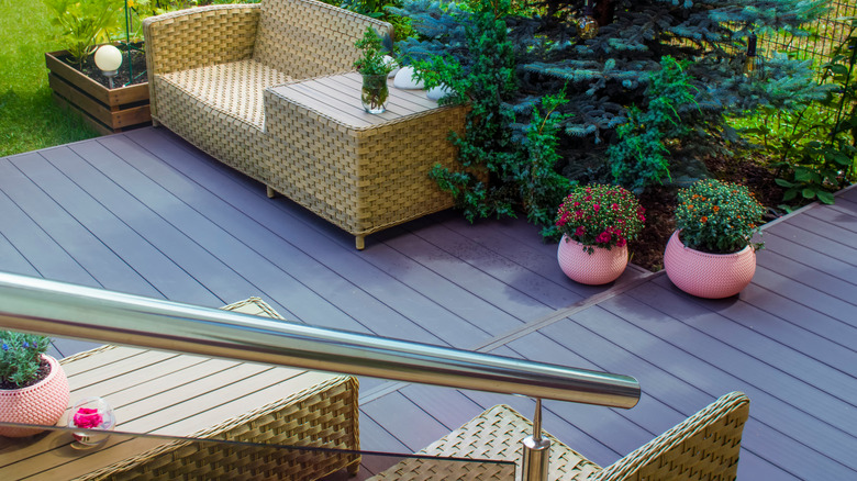 backyard with pink flower pots