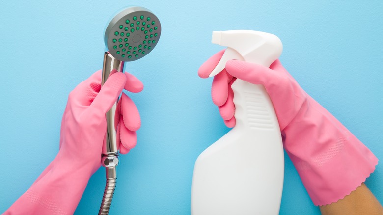 person cleaning detachable shower head