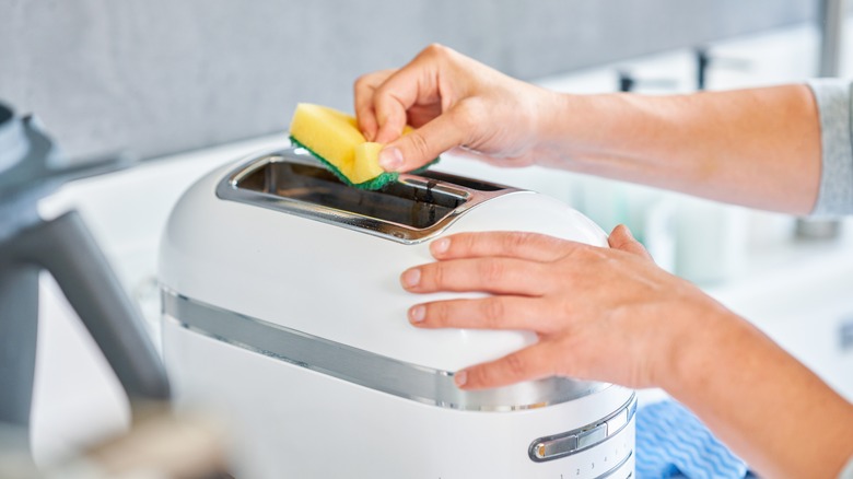 person cleaning toaster with sponge