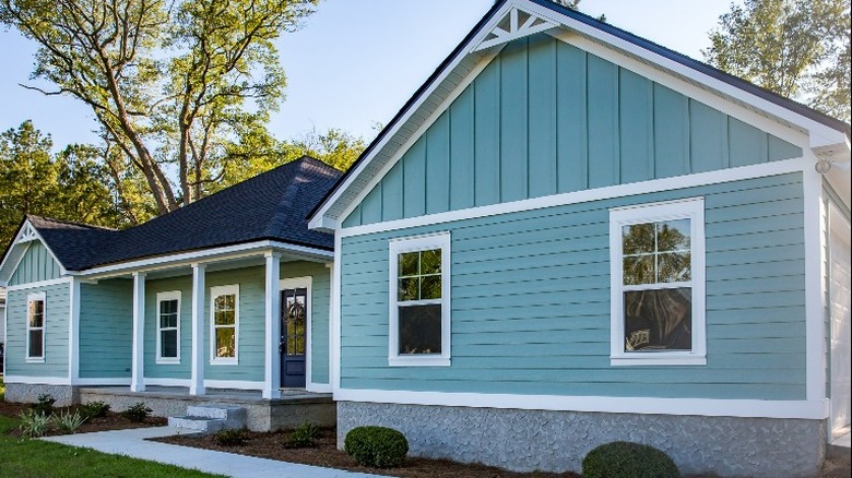 Teal colored ranch house