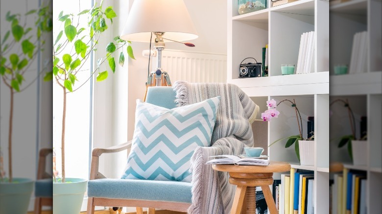 blue chair in reading nook