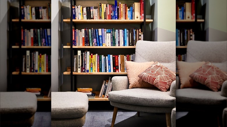 books behind gray chair