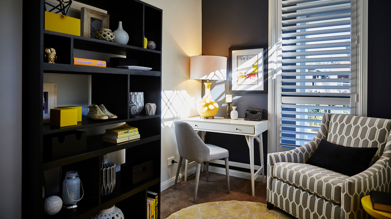 home office with patterned chair