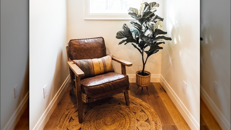 leather chair and boho rug